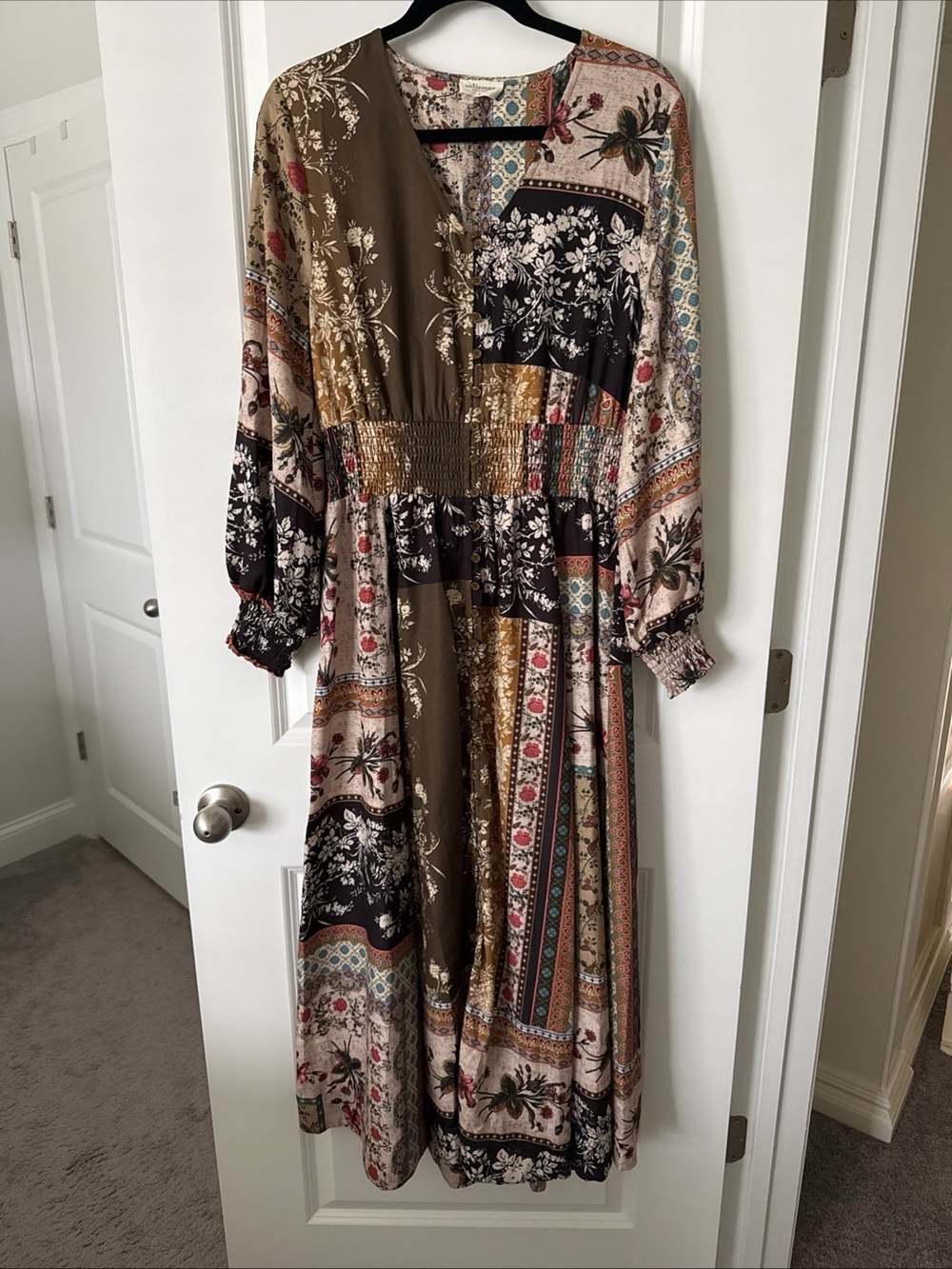 Australian Brand Talisman Brown Multi Patchwork Midi Dress With Buttons Size L